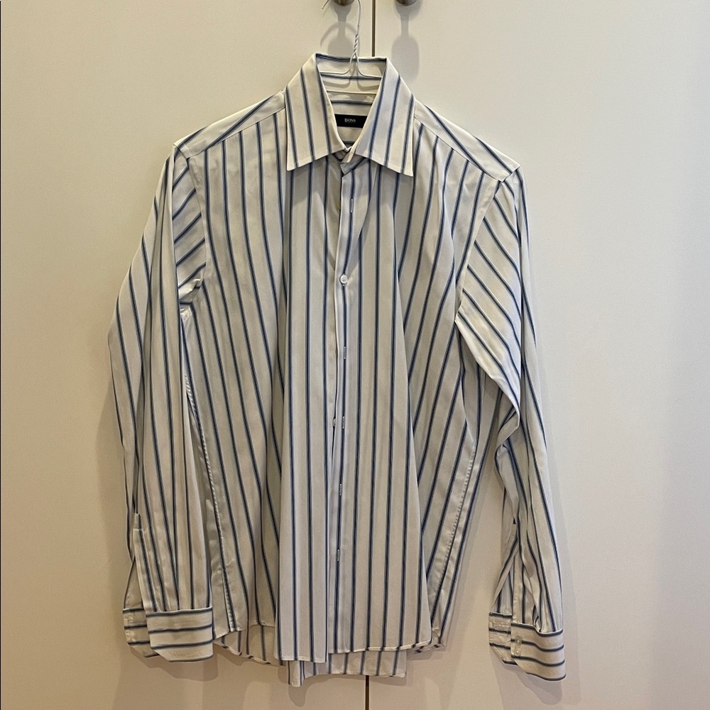Hugo Boss Striped White and Blue Dress Shirt